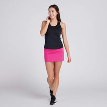 Load image into Gallery viewer, woman wearing black racerback tank and fuschia tennis skirt