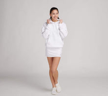 Load image into Gallery viewer, woman wearing white sweatshirt and white tennis skirt
